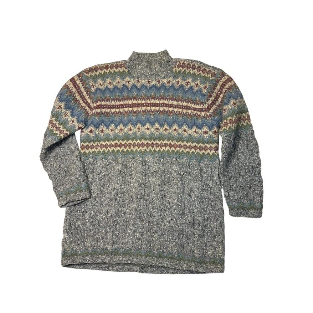 Vintage Lauren Ralph Lauren Hand Knit Fair Isle Cable Wool Mock Neck Sweater M